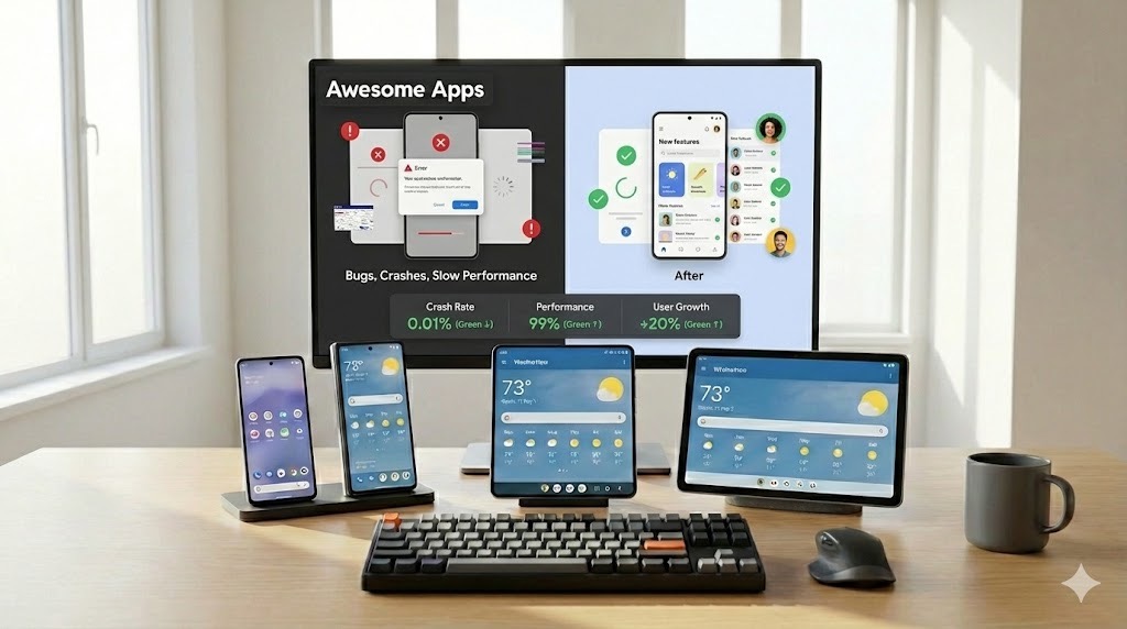 App maintenance services infographic showing updates, monitoring, and support