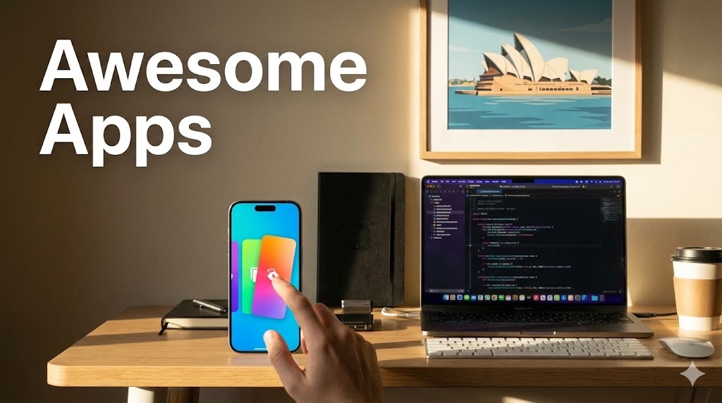 iPhone 15 Pro displaying native iOS app with Xcode and Swift code on MacBook